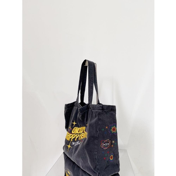 Oversized Denim Smoke Grey Embroidered  Canvas Bag Messager Bag with Zipper - Picture 8 of 13